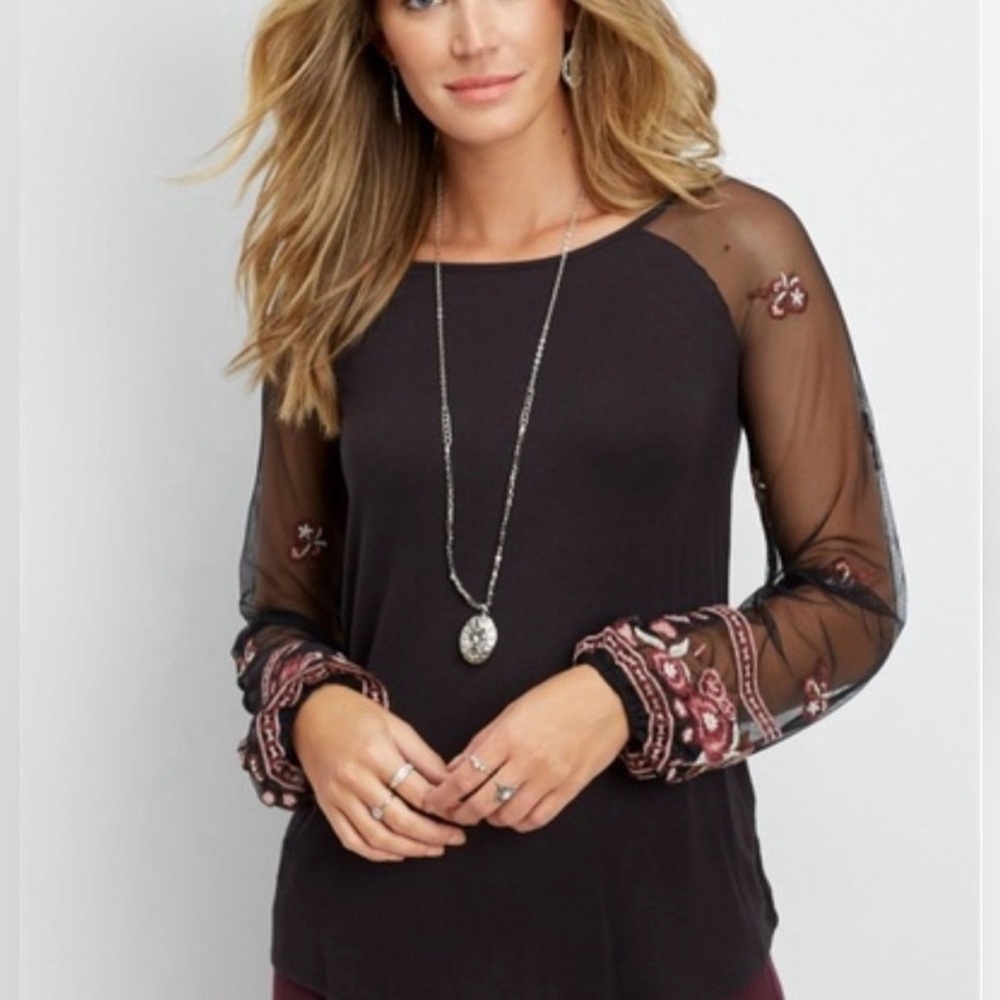 Maurices Women’s XL Black & Burgundy Rose Embroidered Floral Sheer Sleeve Blouse - Picture 2 of 12